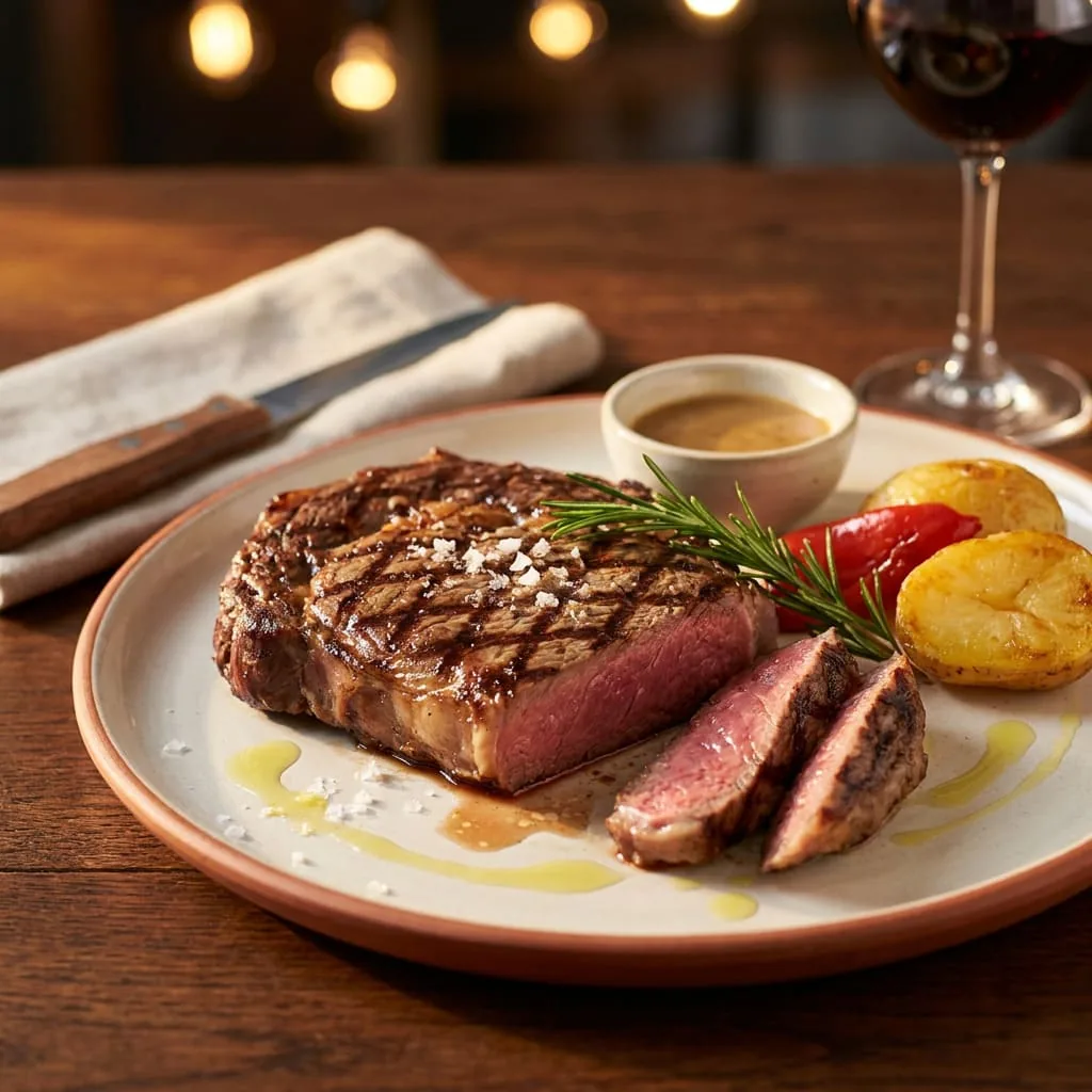 Plato de carne con guarnición y vino Plato de carne con guarnición y una copa de vino en una mesa de restaurante