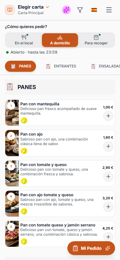 Pedidos desde la carta digital Carta digital de TopEstrellas con opciones para pedir en el local, recoger o recibir a domicilio